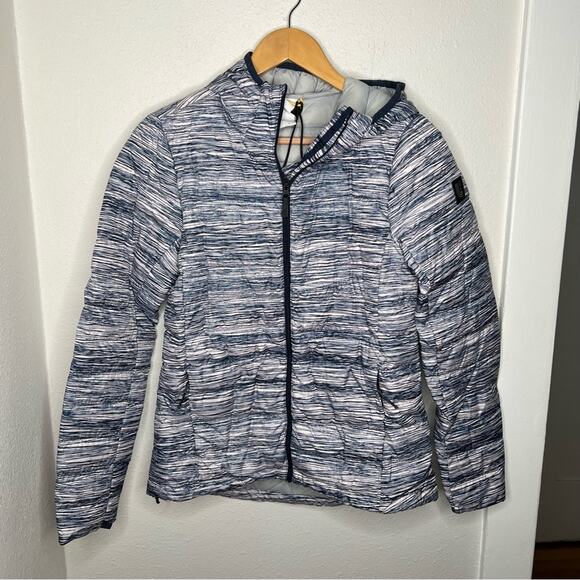 New Lole x Allied Feather and Down Purple & Blue Striped Jacket Womens size S - Picture 1 of 10